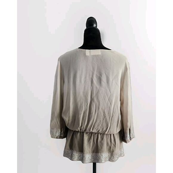 Chico's Women's Taupe Silk & Silver Metallic Ombré Embellished Sheer Blouse Sz 1 - Picture 3 of 9